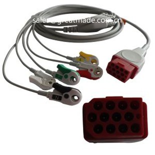 Kompatibilni Bionet BM3 BM5 jednodijelni EKG kabel s jednostrukim žicama, AHA, 5-olovnim, Snap, crvenim 12pin